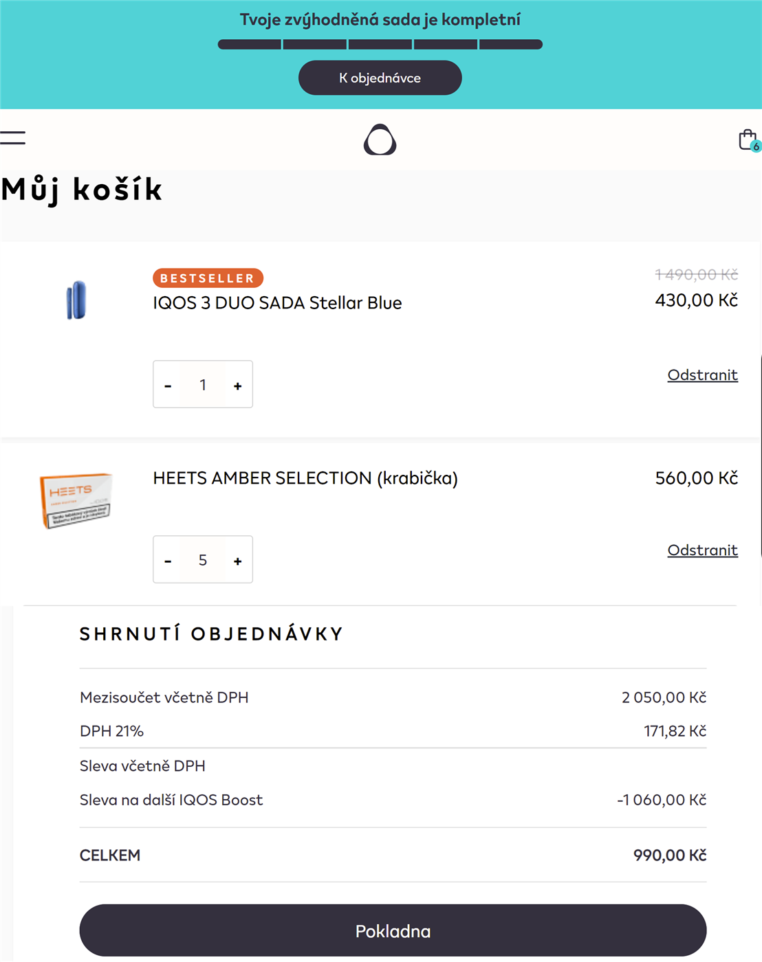 Jak si poskládat na eshopu v košíku IQOS SET s pěti krabičkami za zvýhodněnou cenu